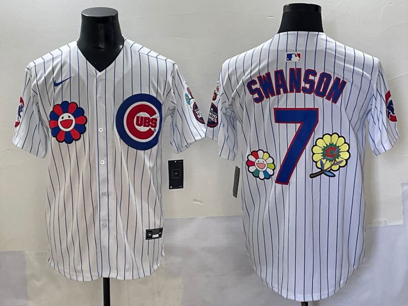 Men 2025 Chicago Cubs #7 Swanson White Stripe Flower Edition Nike MLB Jersey style 52